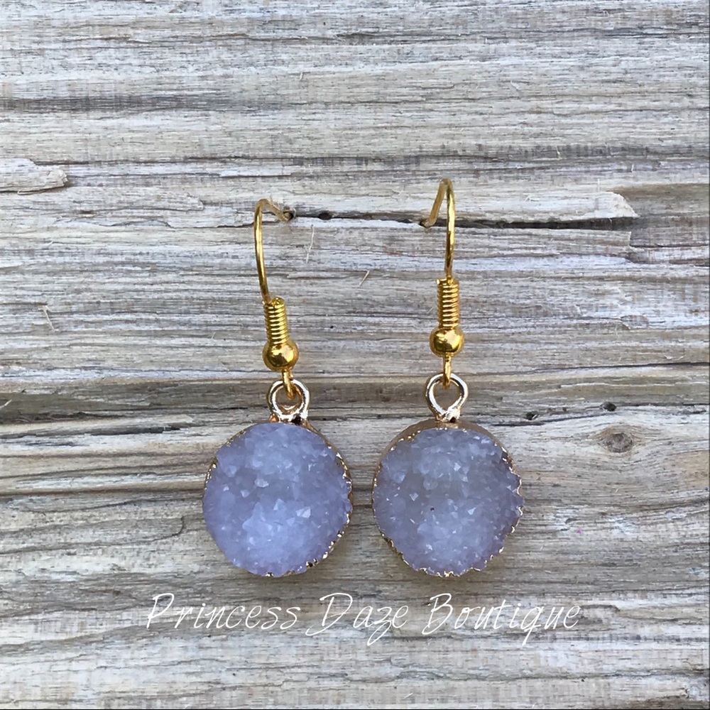 Gold White Druzy Stone Dangle Earrings